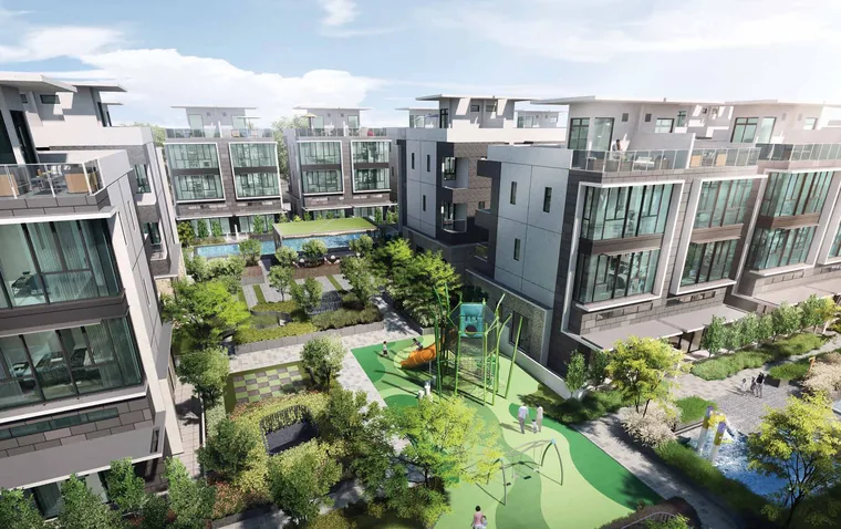 Landscaped play courtyard between house rows at Belgravia Ace