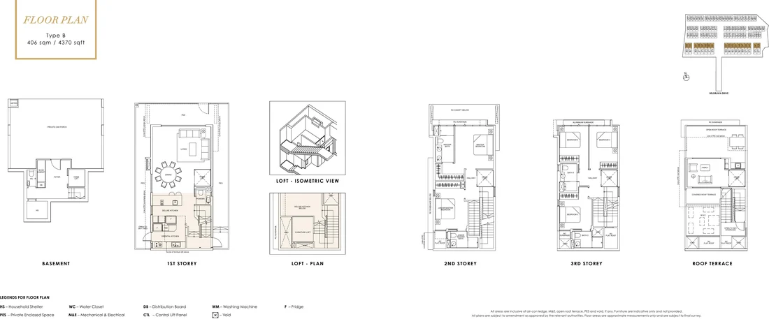 Type B - Semi-Detached, 406 sqm / 4,370 sqft floor plan at Belgravia Ace showing every level