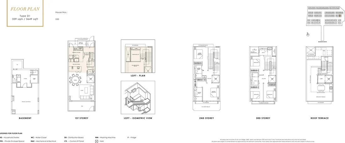 Type D1 - Terrace, 339 sqm / 3,649 sqft floor plan at Belgravia Ace showing every level