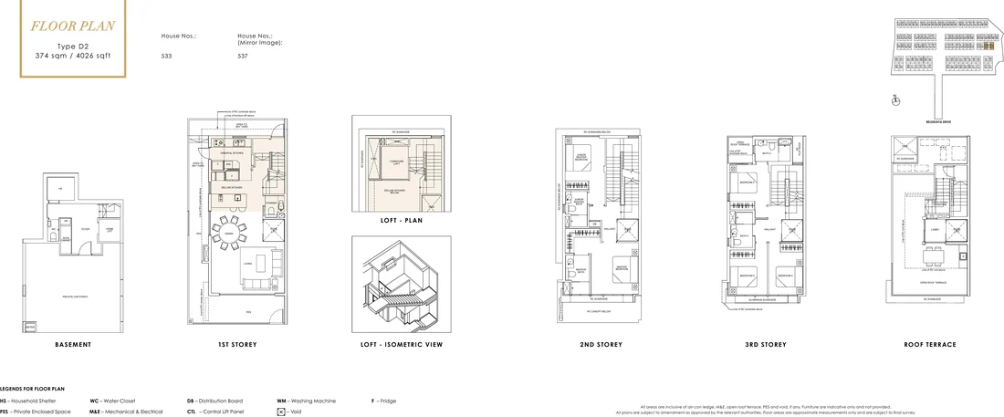 Type D2 - Terrace, 374 sqm / 4,026 sqft floor plan at Belgravia Ace showing every level