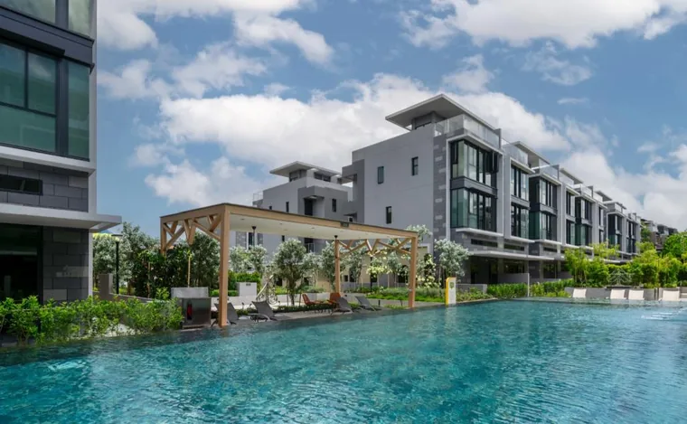 The 50m lap pool and grand pavilion at Belgravia Ace, photographed after completion