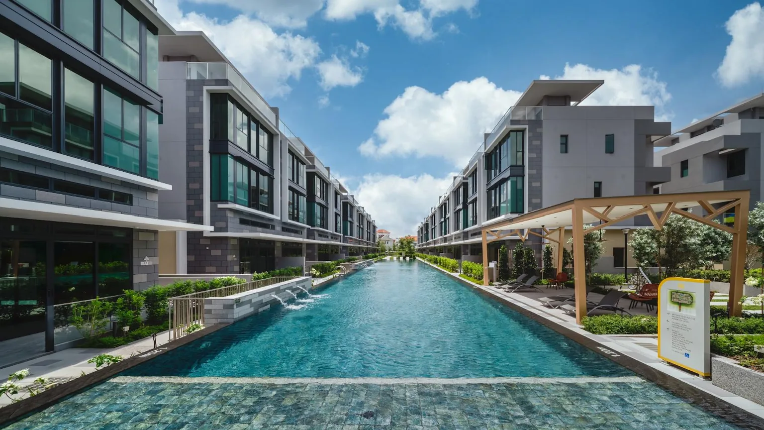 Belgravia Ace house frontages and landscaped water axis in District 28