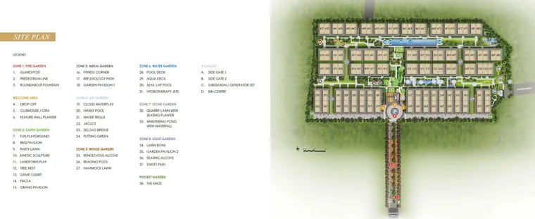 Numbered legend for the Belgravia Ace site plan listing all facilities by garden zone