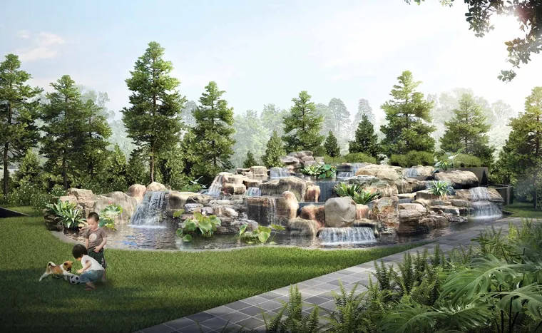 Whispering pond and waterfall in the Stone Garden at Belgravia Ace